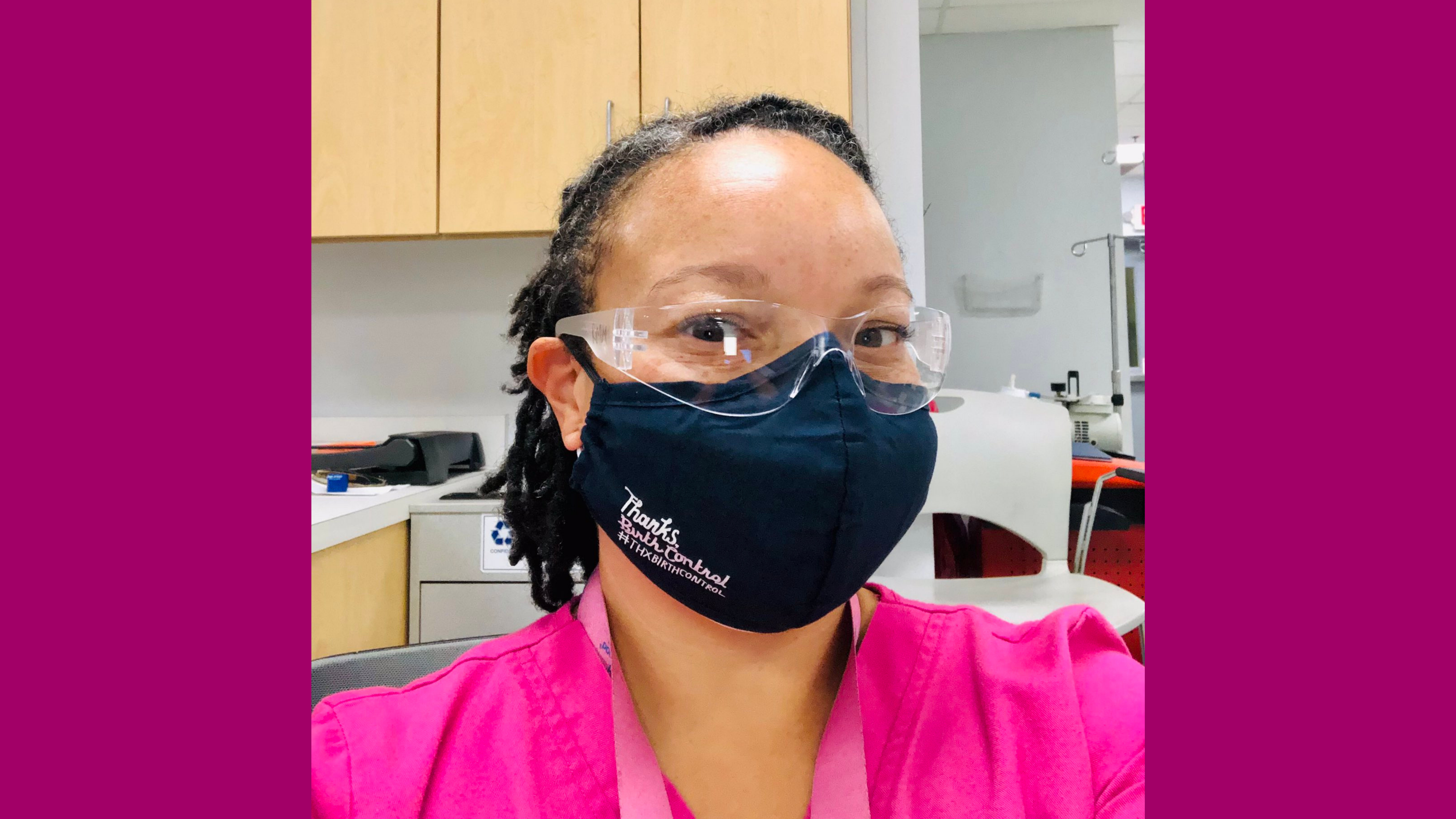 An image of Dr. Raegan McDonald-Mosley in a Thanks Birth Control mask. 