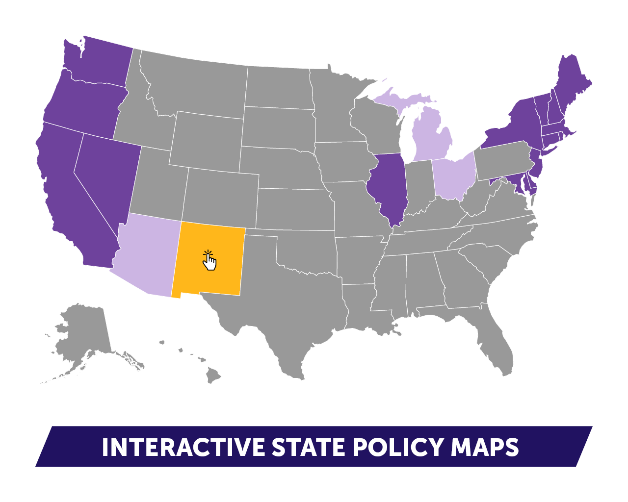 A map of the United States with several states selected in purple or yellow as an example of how the interactive maps could look. 