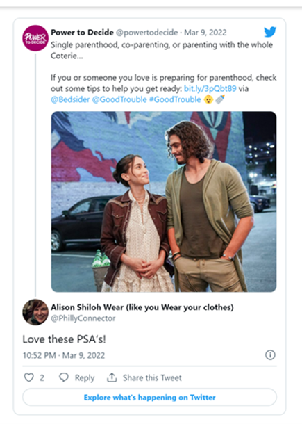 An image of a tweet posted on Power to Decide about Freeform's Good Trouble.