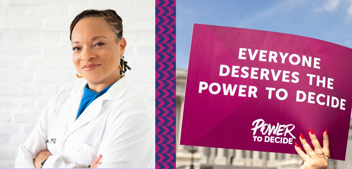 Photo of CEO Dr Raegan next to a protest sign that reads, "everyone deserves the power to decide."