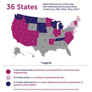A map of the US showing the state of pharmacist prescribing as of February 2024. 