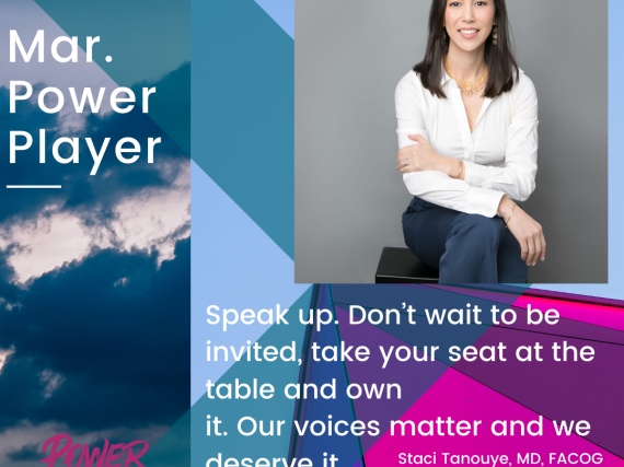 Head shot of Tanouye and a quote, "Speak up. Don’t wait to be invited, take your seat at the table and own it. Our voices matter and we deserve it."