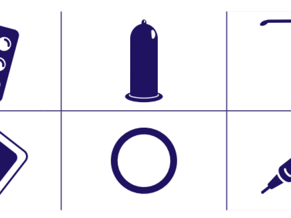 Icons representing 6 methods of birth control: the pill, condom, IUD, the patch, the ring, and the shot.