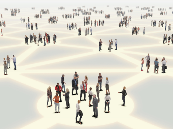 A illustration of nodes of people standing apart from one another. 