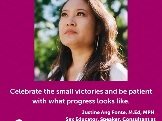 A photo of Justine Ang Fonte and a quote from the interview, "Celebrate the small victories and be patient with what progress looks like."