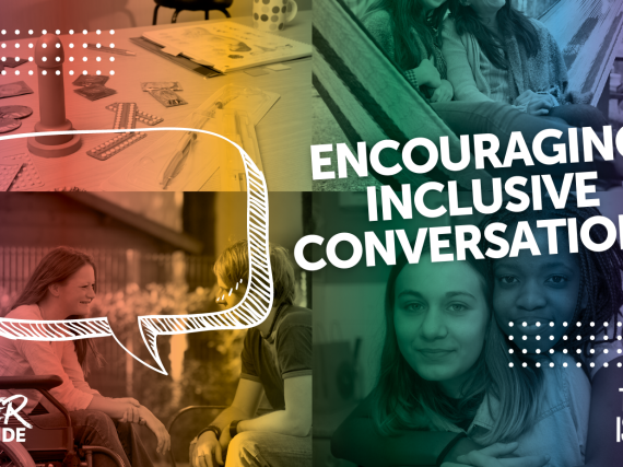 A rainbow of images of people with a speech bubble and the words, "Encouraging Inclusive Conversations."