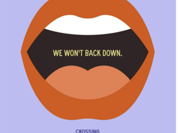 An illustration of an open mouth with the words, "We won't back down," between the teeth and tongue. 