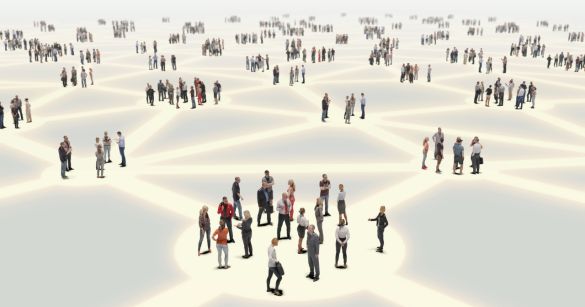A illustration of nodes of people standing apart from one another. 