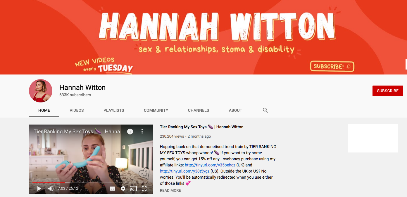 A screenshot of Hannah Witton's YouTube account.